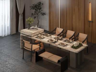 现代中岛台餐桌椅组合3D模型下载